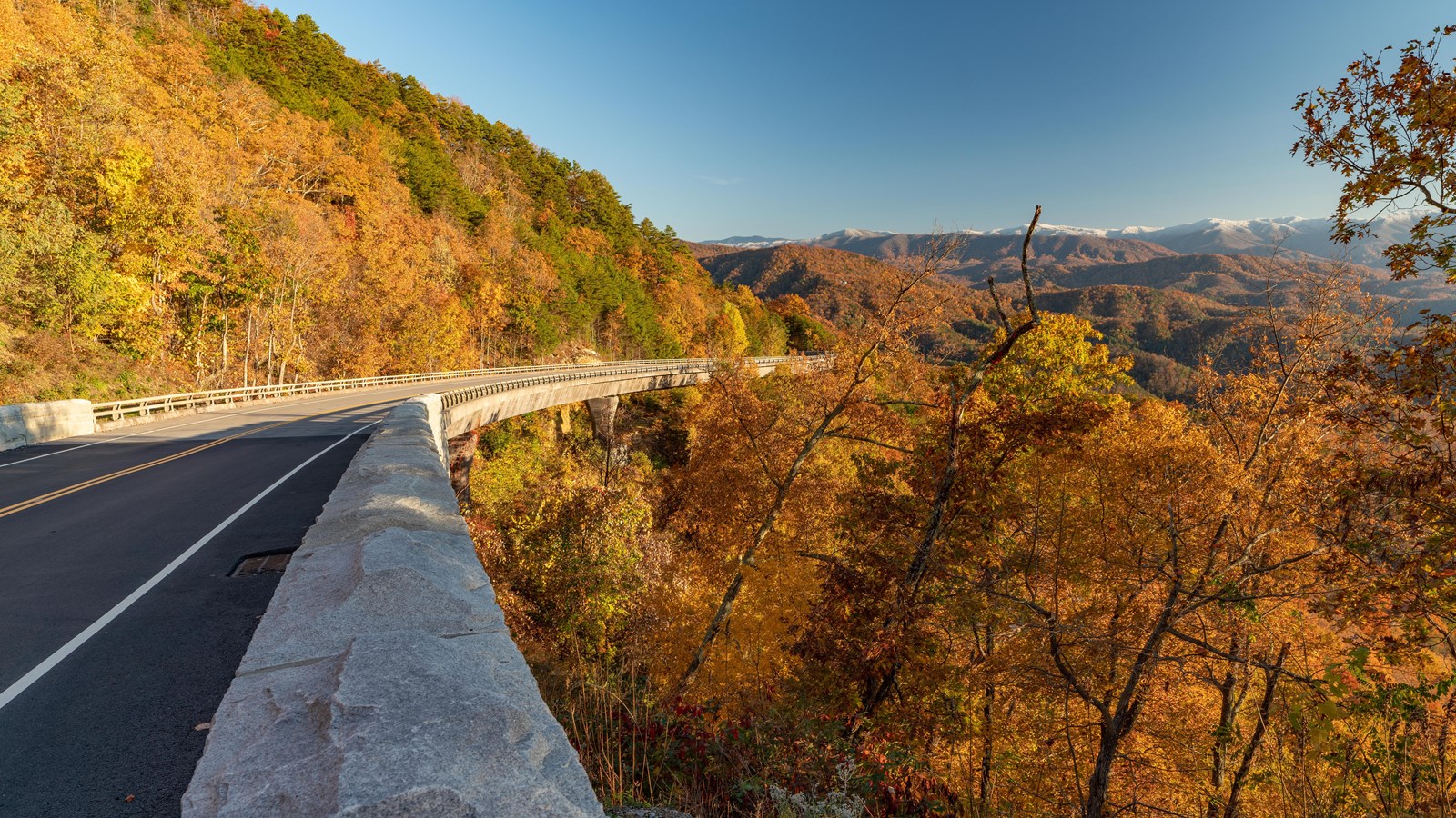 Foothills Parkway winding through fall forest with mountain views